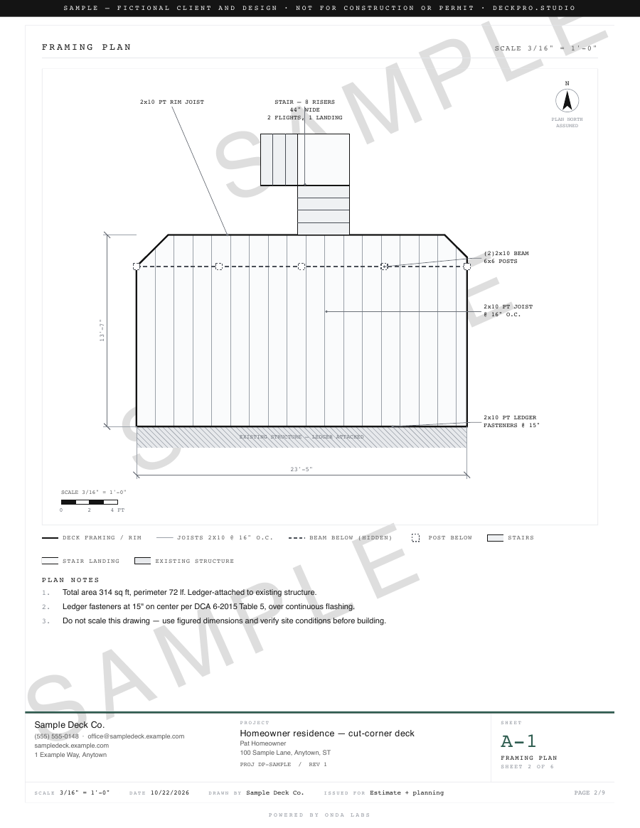 Sheet A-1 of the sample construction set: the framing plan with joists, beam, posts, ledger and the L-turn stair, stamped SAMPLE