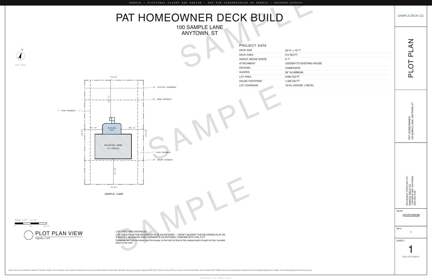 Sheet 1 of the sample permit set: the plot plan with the lot, setbacks, utility easement, the house and the deck, stamped SAMPLE