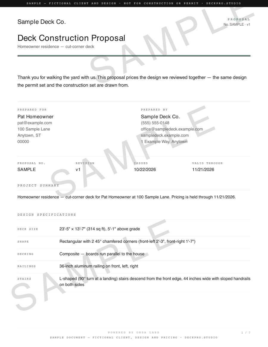 First page of the sample proposal: the company, the client, the dates and the design specifications, stamped SAMPLE